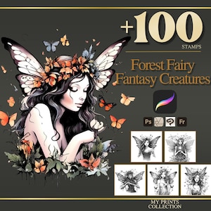 Tampons Forest Fairy Procreate et pinceaux Photoshop - Plus de 100 créatures fantastiques tatouage, illustration, dessin au trait, pochoir, paquet de pinceaux
