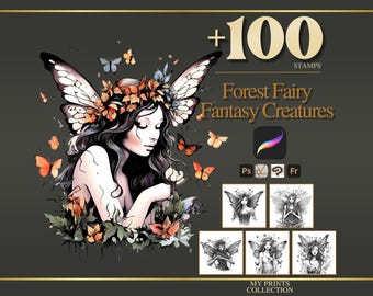 Bosfee planten zich voort Stempels en Photoshop-penselen – 100+ fantasiewezens tatoeage, illustratie, zeer fijne tekeningen, stencil, penseelpakket