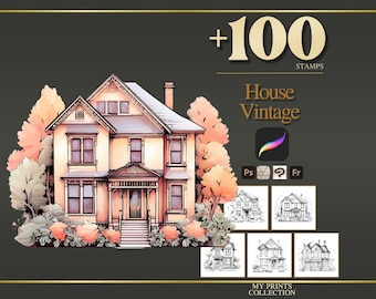 Vintage House Procreate Stempel & Photoshop Brushes - 100+ Place House Landschaft Magical Whimsical Tattoo, Illustration, Schablone, Pinselpaket