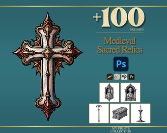 Sacred Relics Medieval Photoshop Brushes & Procreate Stamps – 100+ Woodcut Tattoo, Digital Art, Clipart, Line Art, Stencil