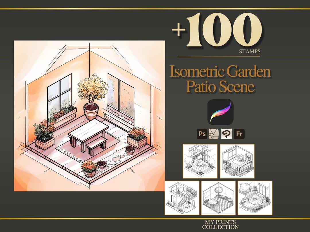 Isometric Garden Patio Scene Procreate Stamps & Photoshop Brushes – 100 ...