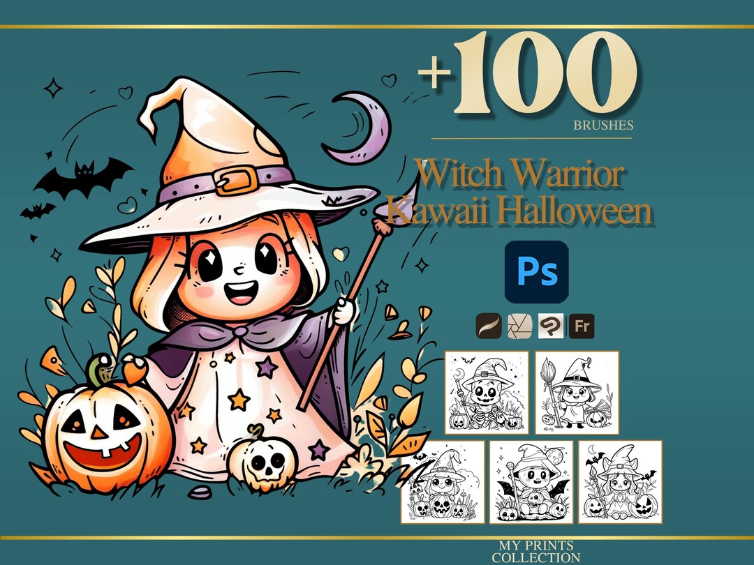 Witch Warrior Kawaii Halloween Photoshop Brushes & Procreate Stamps ...