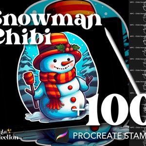 Más de 100 sellos Chibi de muñeco de nieve procreados, vacaciones festivas de fantasía Navidad Navidad, descarga digital, suministro de arte digital, pincel procreado