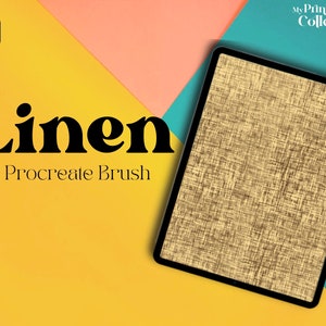 Może przedstawiać: Tablet cyfrowy wyświetlający pędzel o teksturze lnu do aplikacji Procreate. Tablet znajduje się na żółtym, różowym i turkusowym tle. Na obrazie widoczny jest tekst "Linen Procreate Brush".