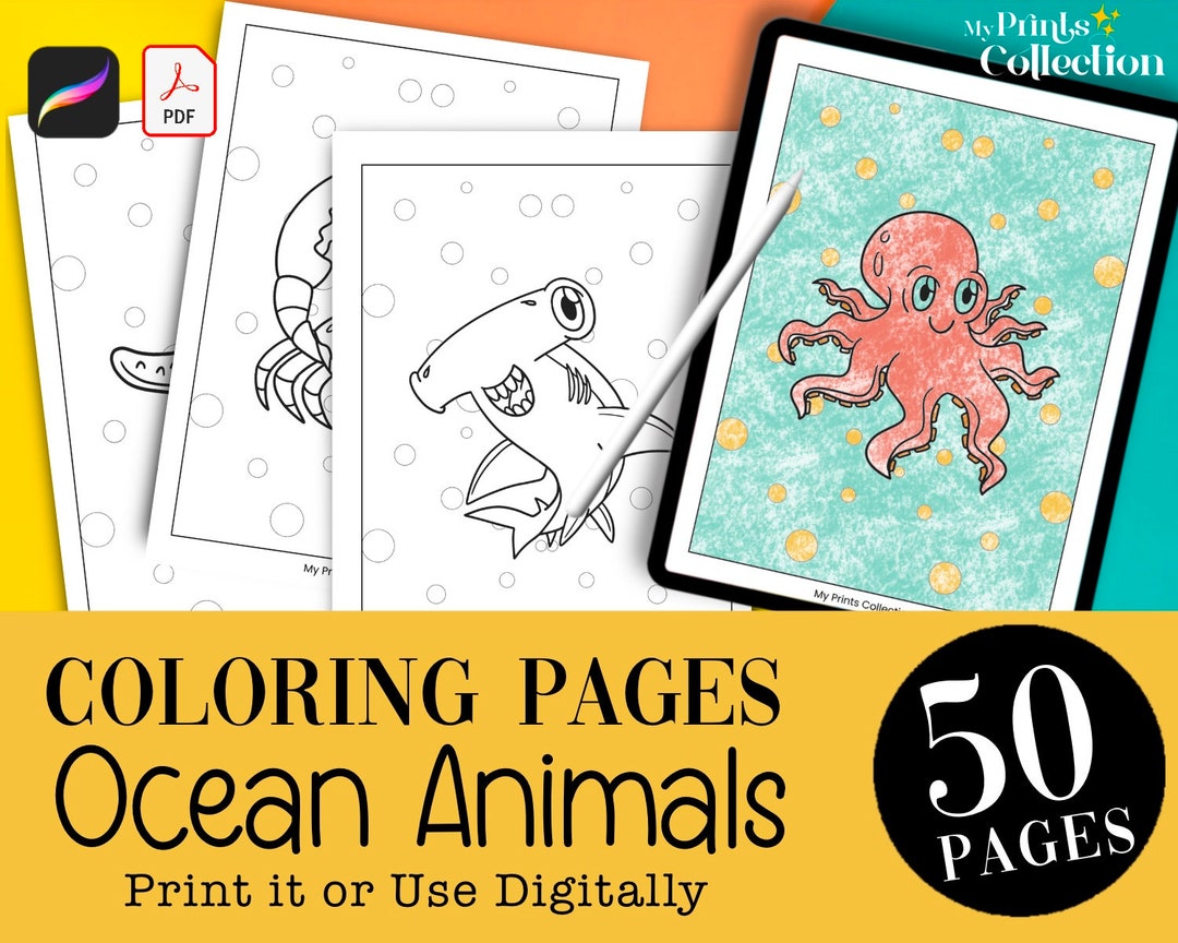 50 Ocean Animals Coloring Pages Printable PDF + Procreate Digital ...