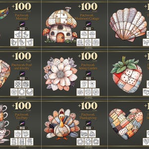 Peut inclure: Une collection de tampons num&eacute;riques avec des motifs patchwork. L'image pr&eacute;sente une queue de sir&egrave;ne, un cottage champignon, un coquillage, un diamant, une fleur, une fraise, des tasses &agrave; th&eacute;, une dinde et un c&oelig;ur. Chaque motif est accompagn&eacute; du texte "+100".