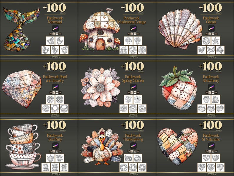 Peut inclure: Une collection de tampons num&eacute;riques avec des motifs patchwork. L'image pr&eacute;sente une queue de sir&egrave;ne, un cottage champignon, un coquillage, un diamant, une fleur, une fraise, des tasses &agrave; th&eacute;, une dinde et un c&oelig;ur. Chaque motif est accompagn&eacute; du texte "+100".
