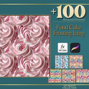 Könnte beinhalten: Digitales Kunstwerk mit einem nahtlosen Muster aus rosa Zuckergusswirbeln. Das Bild enthält den Text "+100 SEAMLESS PATTERNS" und "Food Cake Frosting Icing". Zusätzliche Musterbeispiele werden darunter gezeigt.
