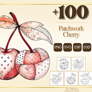 Könnte beinhalten: Digitale Illustration von zwei Kirschen mit Patchwork-Mustern in Rot- und Rosatönen, verbunden durch einen Stiel und Blätter. Das Bild enthält den Text "+100 Patchwork Cherry" und Dateityp-Symbole.