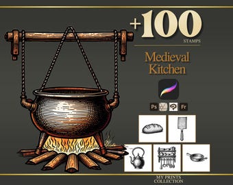 Kitchen Medieval Procreate Stamps & Photoshop Brushes – 100+ Woodcut Tattoo, Digital Art, Clipart, Line Art, Brush Pack