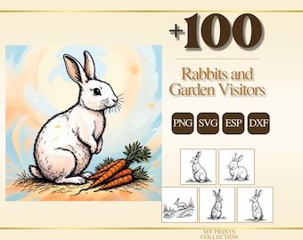 May include: A digital graphic collection titled +100 Rabbits and Garden Visitors featuring a white rabbit standing next to orange carrots. The set includes PNG, SVG, ESP, and DXF file formats with additional black and white line art rabbit illustrations.