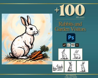 May include: A digital brush set featuring over 100 illustrations of rabbits and garden visitors. The main graphic shows a white rabbit with orange carrots on a soft background. Text includes +100 BRUSHES, Rabbits and Garden Visitors, and Ps.