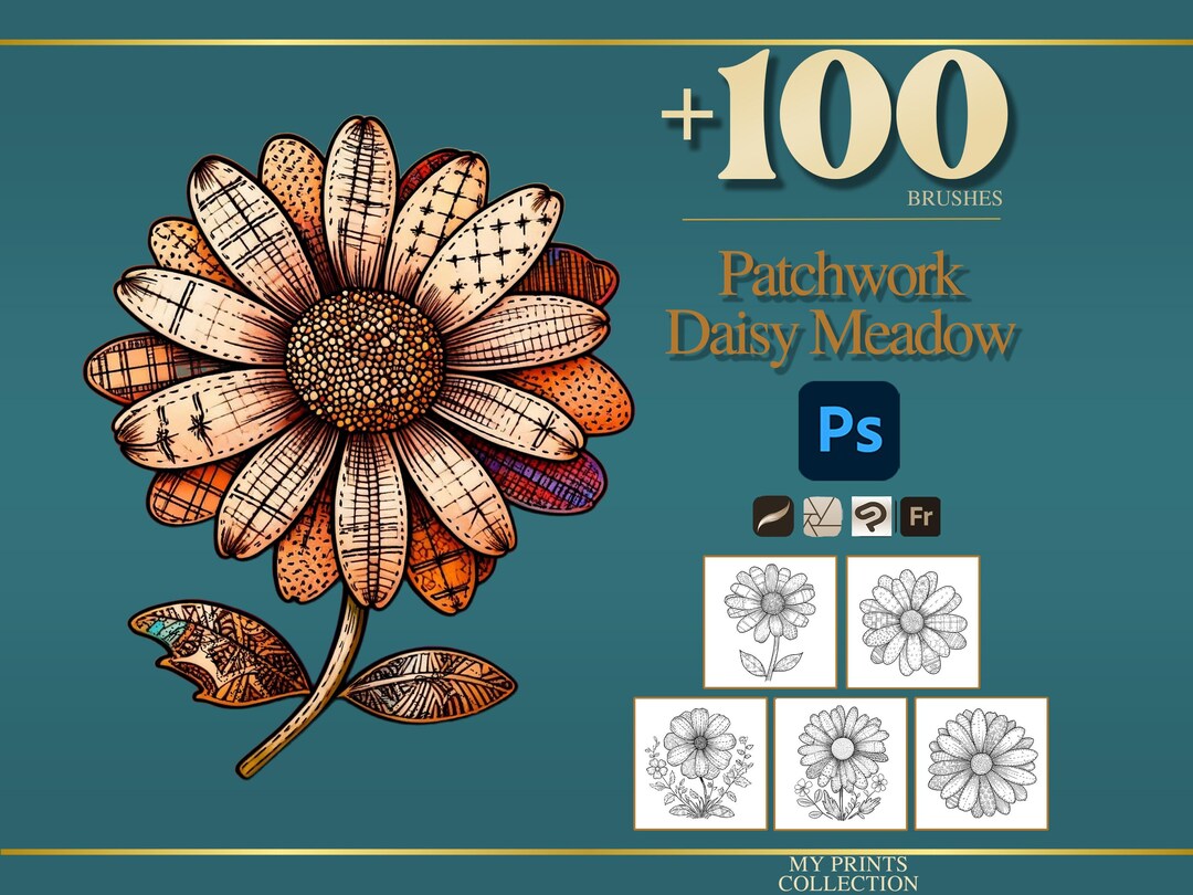 Daisy Meadow Patchwork Photoshop Brushes & Procreate Stamps – 100 ...