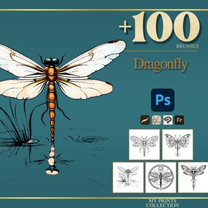 May include: Digital art print featuring a detailed dragonfly illustration with cream-colored wings and an orange body, set against a teal background. The image includes the text "+100 BRUSHES Dragonfly" and Photoshop icons, with additional dragonfly sketches.