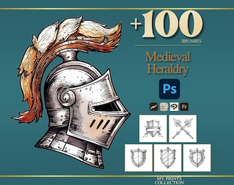 Heraldry Medieval Photoshop Brushes & Procreate Stamps – 100+ Woodcut Tattoo, Digital Art, Clipart, Line Art, Stencil