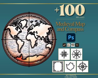 Map and Compass Medieval Photoshop Brushes & Procreate Stamps – 100+ Woodcut Tattoo, Digital Art, Clipart, Line Art, Stencil