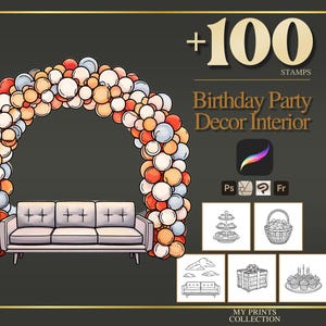Birthday Party Decor Interior Design Procreate Stamps & Photoshop Brushes – 100+ House Home Decor Planner Plan Furniture Sketch Room Kit Flo
