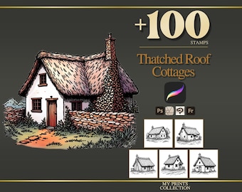 May include: A digital collection of 100 stamps featuring thatched roof cottages. The image displays a detailed illustration of a cottage with a stone wall and chimney, alongside five smaller black and white square icons of similar house designs.