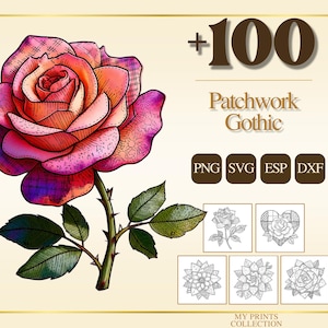 Könnte beinhalten: Digitale Illustration einer Rose mit Patchwork-Design in Rosa-, Orange- und Lilatönen. Das Bild enthält den Text "+100 Patchwork Gothic" und Dateityp-Symbole. Zusätzliche kleine Rosenillustrationen sind ebenfalls vorhanden.