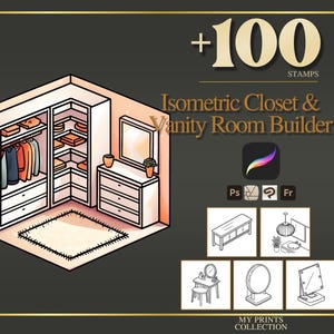 以下が含まれることがあります： Isometric Closet & Vanity Room Builder デジタルスタンプ。画像は、クローゼットと化粧台のスタイリッシュなイラストで、家具やアクセサリーが描かれています。画像には「+100 STAMPS」の文字とProcreateアプリのロゴが含まれています。