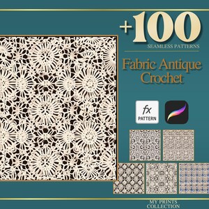 Pode incluir: Imagem mostrando mais de 100 padrões sem costura, rotulados como Fabric Antique Crochet. A imagem apresenta um close-up detalhado de um design de crochê creme com motivos florais, em um fundo escuro. A imagem também inclui ícones de aplicativos.