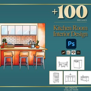 May include: A digital collection of over 100 kitchen room interior design brushes for Photoshop, featuring a colorful illustration of a kitchen island with three stools, a sink, and plants, alongside smaller line art icons of kitchen furniture.