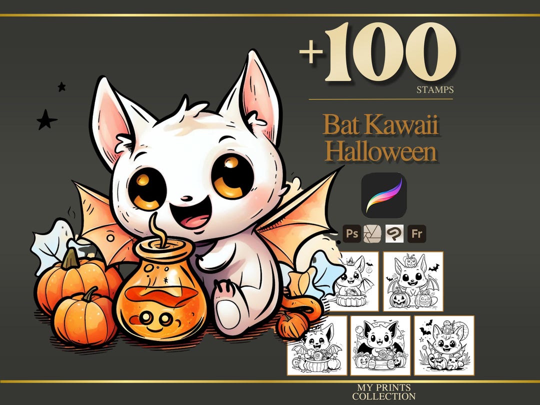 Bat Kawaii Halloween Procreate Stamps & Photoshop Brushes – 100+ Tattoo ...