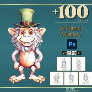 Può includere: Illustrazione digitale di una scimmia dei cartoni animati con un cappello da leprecauno verde. L'immagine include il testo "+100 BRUSHES" e "St Patrick Monkey" con icone di Photoshop ed esempi di illustrazioni di pennelli. Lo sfondo è verde acqua.