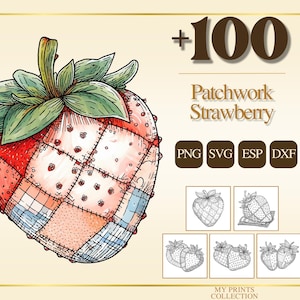Könnte beinhalten: Digitale Illustration einer Patchwork-Erdbeere mit grünen Blättern und dem Text "+100 Patchwork Strawberry" mit Dateityp-Symbolen. Die Erdbeere ist rot, rosa und blau mit gestickten Details.