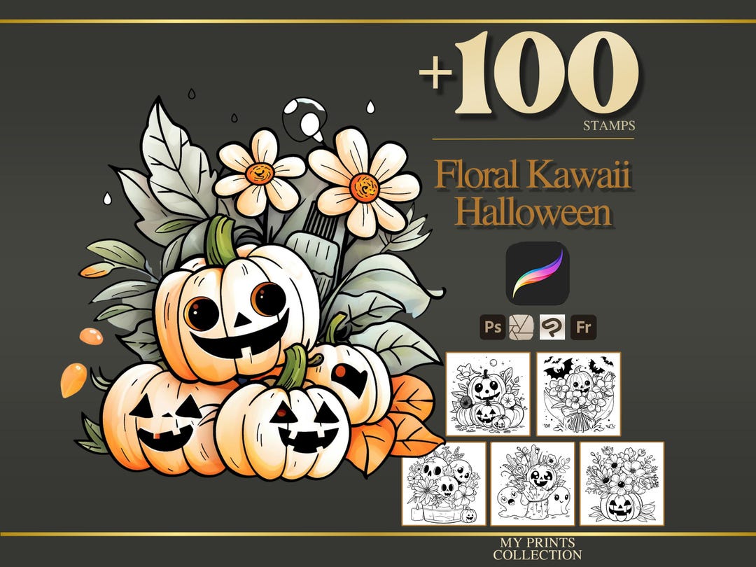 Floral Kawaii Halloween Procreate Stamps & Photoshop Brushes – 100 ...