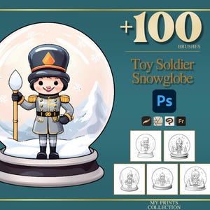 Könnte beinhalten: Illustration einer Spielzeugsoldaten-Schneekugel mit einem Cartoon-Soldaten darin. Der Soldat trägt eine graue Uniform, einen schwarzen Hut und hält einen Stab. Der Hintergrund zeigt eine Winterlandschaft. Text: "Toy Soldier Snowglobe".