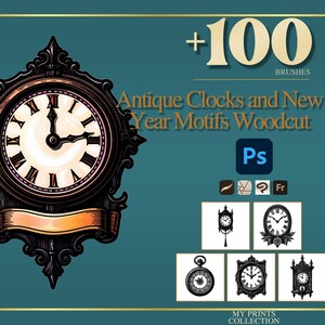 Antika klockor och nyårsmotiv i träsnitt Photoshop-penslar och Procreate-stämplar – 100+ jul-, julkrubbatatueringar, clipart och linjer