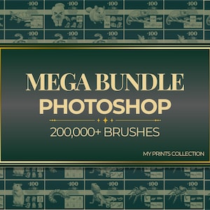 Op de afbeelding: Een donkergroene afbeelding met de tekst "MEGA BUNDLE PHOTOSHOP 200.000+ BRUSHES" in gouden letters. De achtergrond is een collage van dierenillustraties en de tekst "-100" en "-10". De tekst "MY PRINTS COLLECTION" staat onderaan.