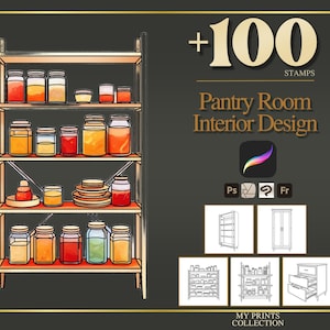 Könnte beinhalten: Eine digitale Illustration eines fünfstöckigen Metallregals, gefüllt mit verschiedenen Gläsern, die bunte Vorratsartikel enthalten. Der Text lautet +100 STAMPS, Pantry Room Interior Design, Ps und My Prints Collection, mit kleinen Vorschaubildern.