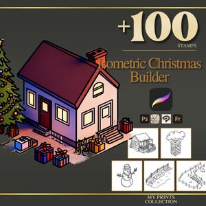 May include: Isometric Christmas Builder graphic featuring a house, Christmas tree, and presents. The image includes the text "+100 STAMPS" and "Isometric Christmas Builder". Additional icons and sample images are also included.