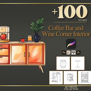Könnte beinhalten: Ein digitales Illustrationsset mit 100 Stempeln für die Innenraumgestaltung von Kaffeebars und Weinecken. Enthält ein hölzernes Sideboard mit Kaffeemaschine, Tassen und Pflanze sowie Strichzeichnungen von Fass, Tisch, Kaffeemaschinen und Regalen.
