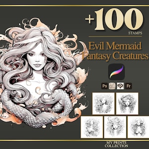 Evil Mermaid Procreate Stamps & Photoshop Brushes – 100+ Fantasy Creatures Tattoo, Illustration, Line Art, Stencil, Brush Pack