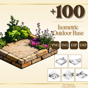 May include: An isometric illustration of an outdoor base, with a stone and brick design, and green and purple plants. The image includes the text "+100 Isometric Outdoor Base" and file type icons for PNG, SVG, ESP, and DXF.