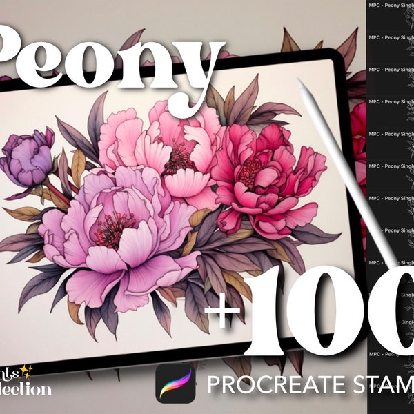 100+ Procreate Peony Stamps, Botanical Flower Floral Nature Wildflower Bouquet Tattoo, Digital Download, Digital Art Supply, Procreate Brush