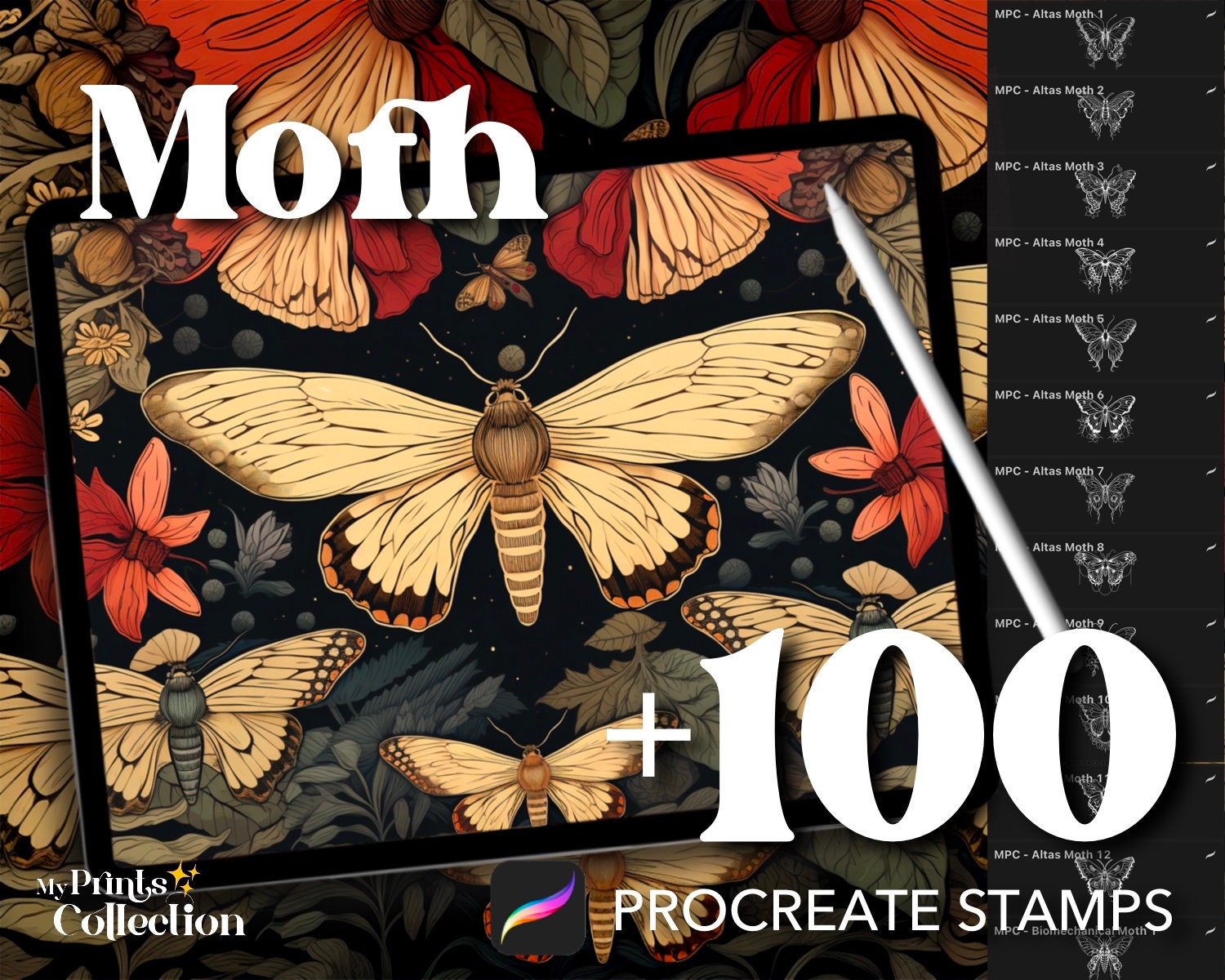 Set de más de 100 sellos para Procreate de polillas – Atlas, Luna, Cecropia, Cinnabar y pack de insectos biomecánicos para tatuaje