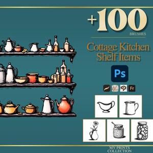 Cottage Kitchen Shelf Items Photoshop Brushes & Procreate Stamps, 100+ Shelf and Pantry Stamps, Cozy Cottagecore Digital Download