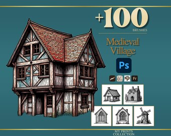 Village Medieval Photoshop Brushes & Procreate Stamps – 100+ Woodcut Tattoo, Digital Art, Clipart, Line Art, Stencil