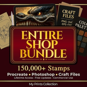 Peut inclure: Publicit&eacute; pour un ensemble d'art num&eacute;rique. L'image pr&eacute;sente une enseigne bordeaux et dor&eacute;e indiquant "ENTIRE SHOP BUNDLE" avec "150 000+ Stamps" en dessous. D'autres &eacute;l&eacute;ments incluent "COLORING PAGES", "CRAFT FILES" et "COLOR PALETTES".