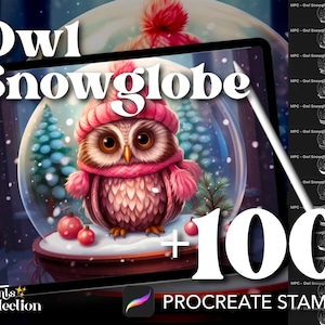 Plus de 100 tampons boule à neige hibou procréer, oiseau Kawaii Animal verre neige Noël Noël hiver, téléchargement numérique, approvisionnement numérique, brosse procréer