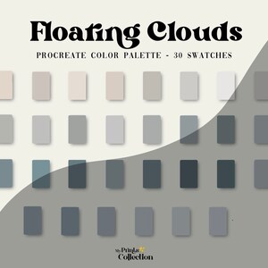 May include: A digital colour palette for Procreate featuring 30 shades of grey and blue, inspired by floating clouds. The palette is titled "Floating Clouds" and is arranged in a grid of five rows and six columns.