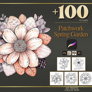 Könnte beinhalten: Digitaldruck mit einer großen, stilisierten Blume mit pfirsichfarbenen und weißen Blütenblättern, umgeben von Patchwork-Elementen. Der Text lautet "Patchwork Spring Garden" mit "+100 STAMPS". Enthält Blumenillustrationen.