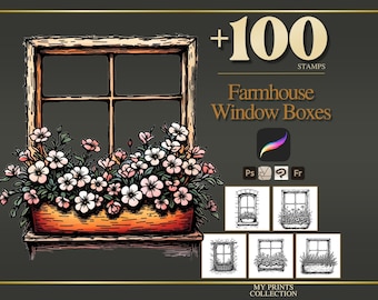 Farmhouse Window Boxes Procreate Stamps, 100+ Farmhouse Floral Brush Set, Cottagecore Botanical Cottage Digital Download iPad Art