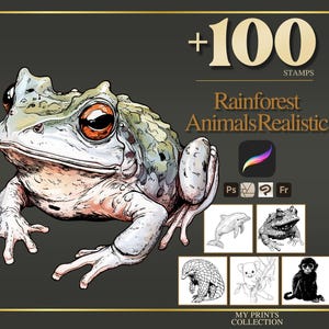 Sellos y pinceles de Photoshop de animales realistas de la selva tropical para Procreate: más de 100 diseños para tatuajes, ilustraciones, arte digital, clipart, arte lineal y pinceles.