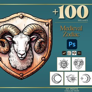 Può includere: Un'illustrazione della testa di un ariete su uno scudo, parte di una collezione Medieval Zodiac. L'immagine include il testo "+100 Brushes" e "Medieval Zodiac Ps". Sono mostrati anche simboli zodiacali aggiuntivi.