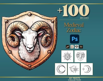 Zodiac Medieval Photoshop Brushes & Procreate Stamps – 100+ Woodcut Tattoo, Digital Art, Clipart, Line Art, Stencil